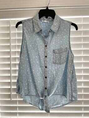 BeachLunchLounge Top Women's Large Blue White Star Sleeveless Tie Hem Patriotic